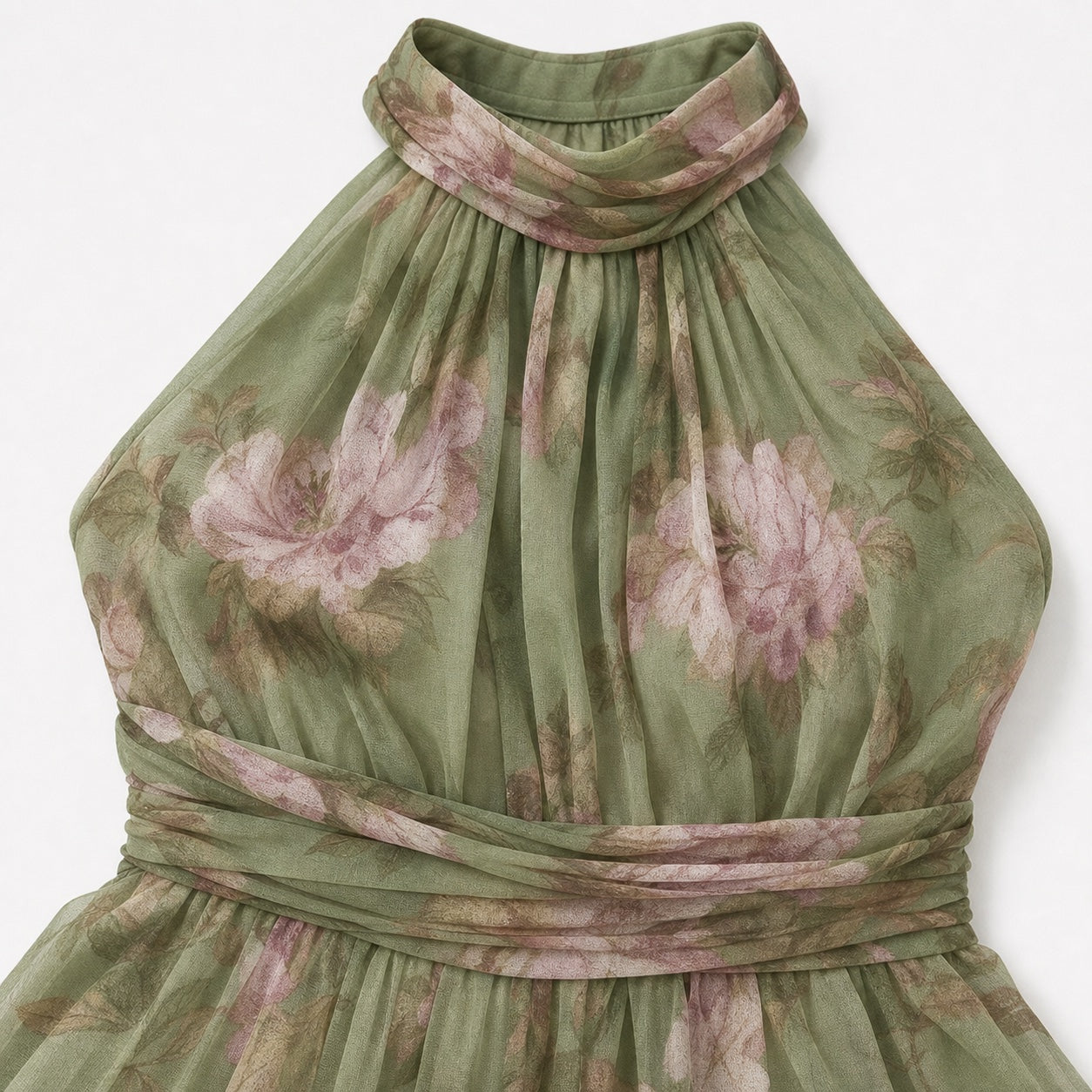 Women's Floral Chiffon Halter Maxi Dress Gathered Neckline Flowing Fit - Green