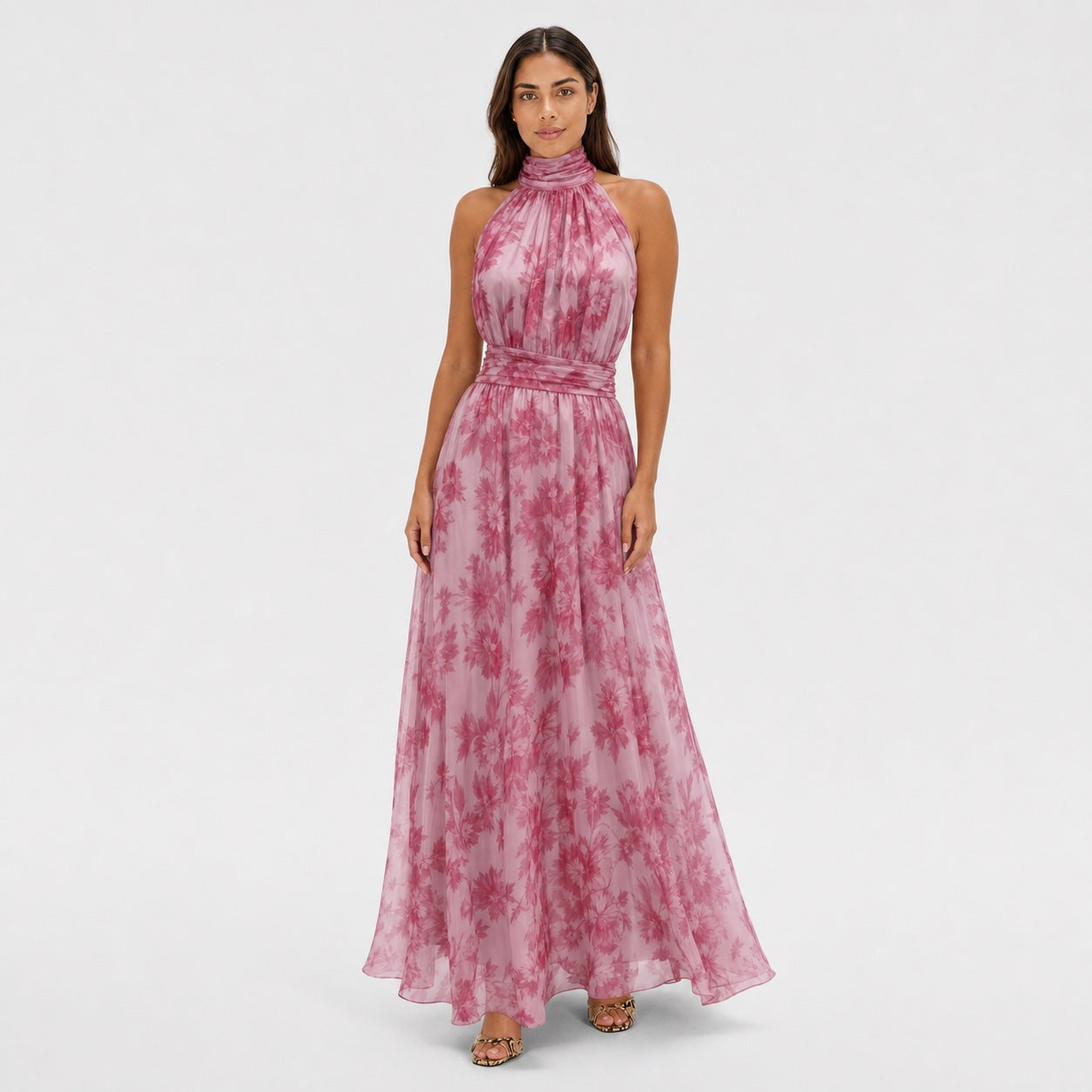 Women's Floral Chiffon Halter Maxi Dress Gathered Neckline Flowing Fit - Pink