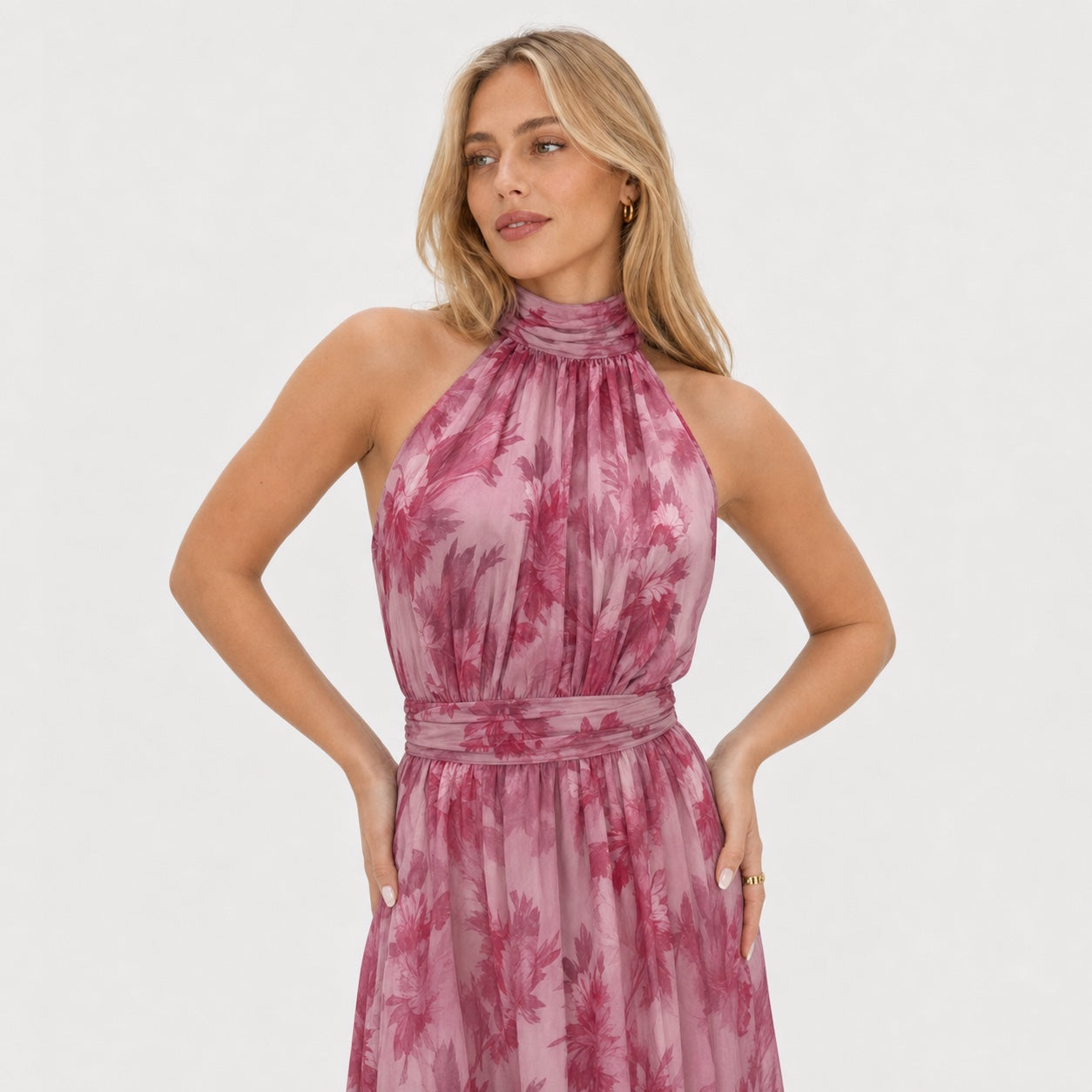 Women's Floral Chiffon Halter Maxi Dress Gathered Neckline Flowing Fit - Pink