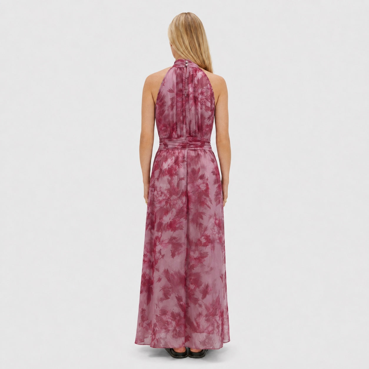 Women's Floral Chiffon Halter Maxi Dress Gathered Neckline Flowing Fit - Pink