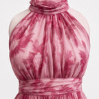 Women's Floral Chiffon Halter Maxi Dress Gathered Neckline Flowing Fit - Pink