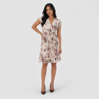 Women's Floral Chiffon Wrap Dress V-Neck Flutter Sleeve Relaxed Fit - Apricot