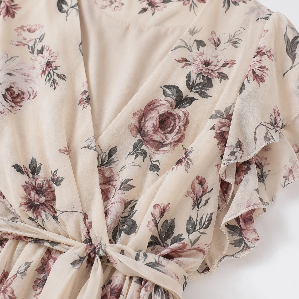 Women's Floral Chiffon Wrap Dress V-Neck Flutter Sleeve Relaxed Fit - Apricot