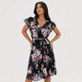 Women's Floral Chiffon Wrap Dress V-Neck Flutter Sleeve Relaxed Fit - Black