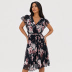 Women's Floral Chiffon Wrap Dress V-Neck Flutter Sleeve Relaxed Fit - Black