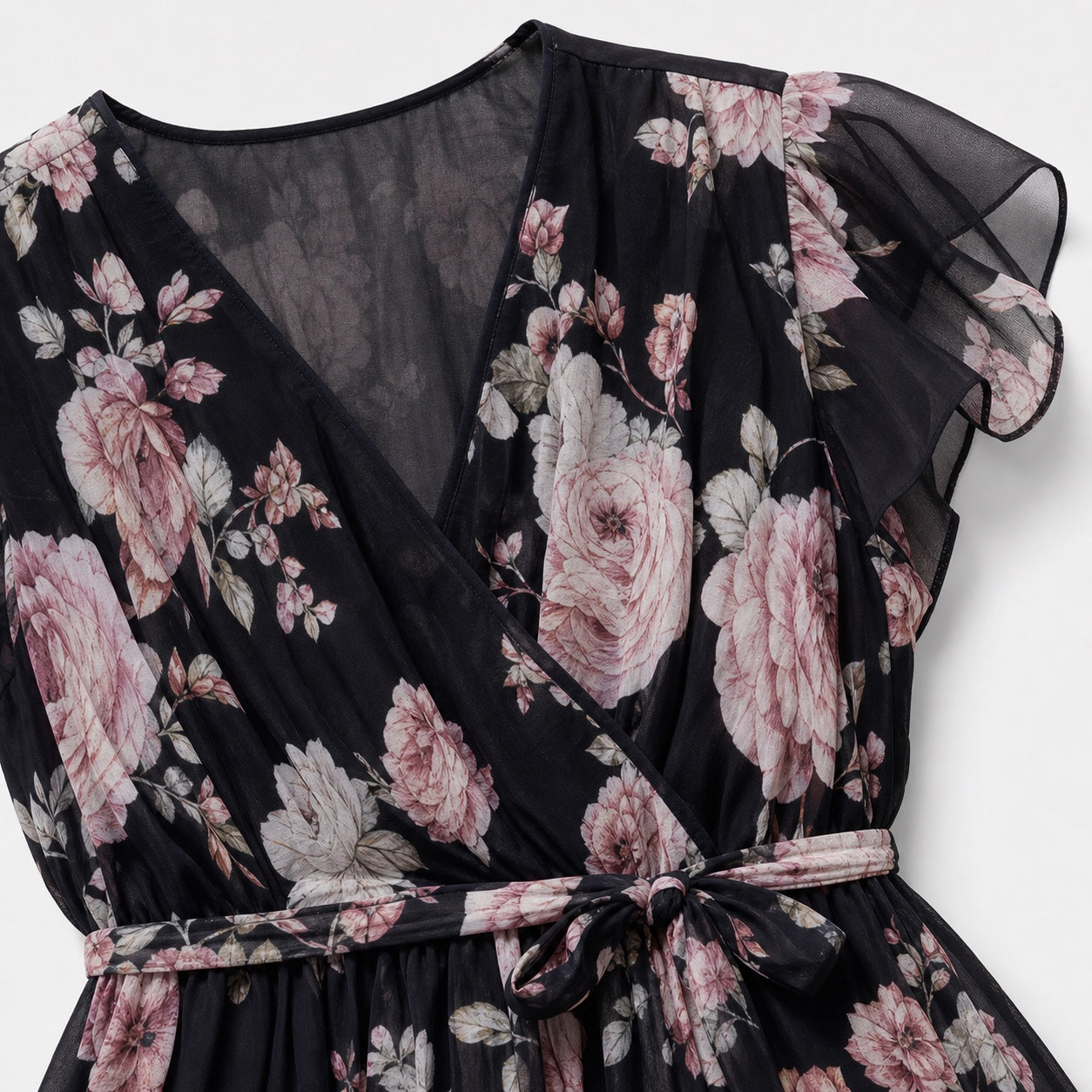 Women's Floral Chiffon Wrap Dress V-Neck Flutter Sleeve Relaxed Fit - Black