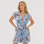 Women's Floral Chiffon Wrap Dress V-Neck Flutter Sleeve Relaxed Fit - Blue