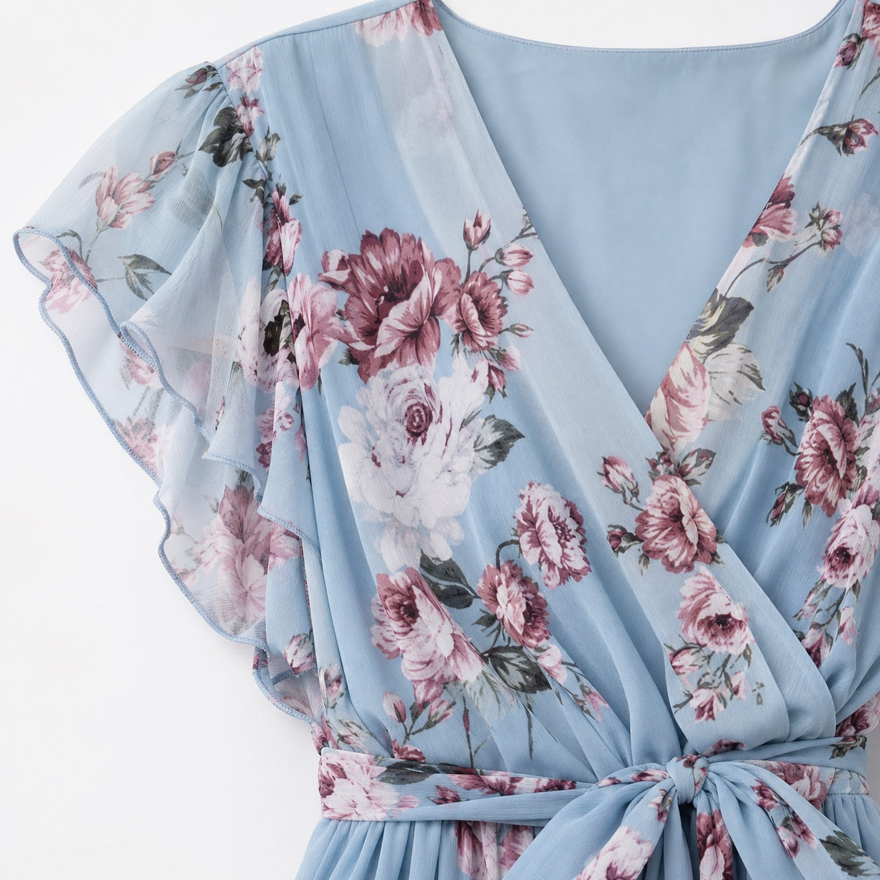 Women's Floral Chiffon Wrap Dress V-Neck Flutter Sleeve Relaxed Fit - Blue