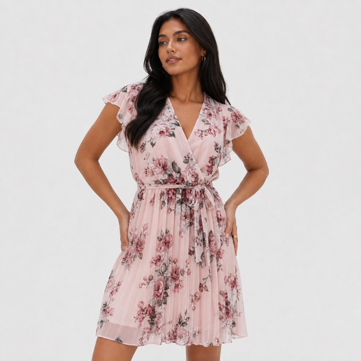Women's Floral Chiffon Wrap Dress V-Neck Flutter Sleeve Relaxed Fit - Pink