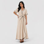Women's Contrast-Piped Wrap Maxi Dress Short Sleeve Relaxed Fit - Apricot