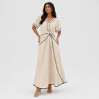 Women's Contrast-Piped Wrap Maxi Dress Short Sleeve Relaxed Fit - Apricot
