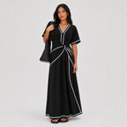 Women's Contrast-Piped Wrap Maxi Dress Short Sleeve Relaxed Fit - Black