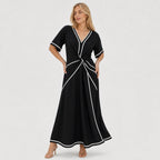 Women's Contrast-Piped Wrap Maxi Dress Short Sleeve Relaxed Fit - Black
