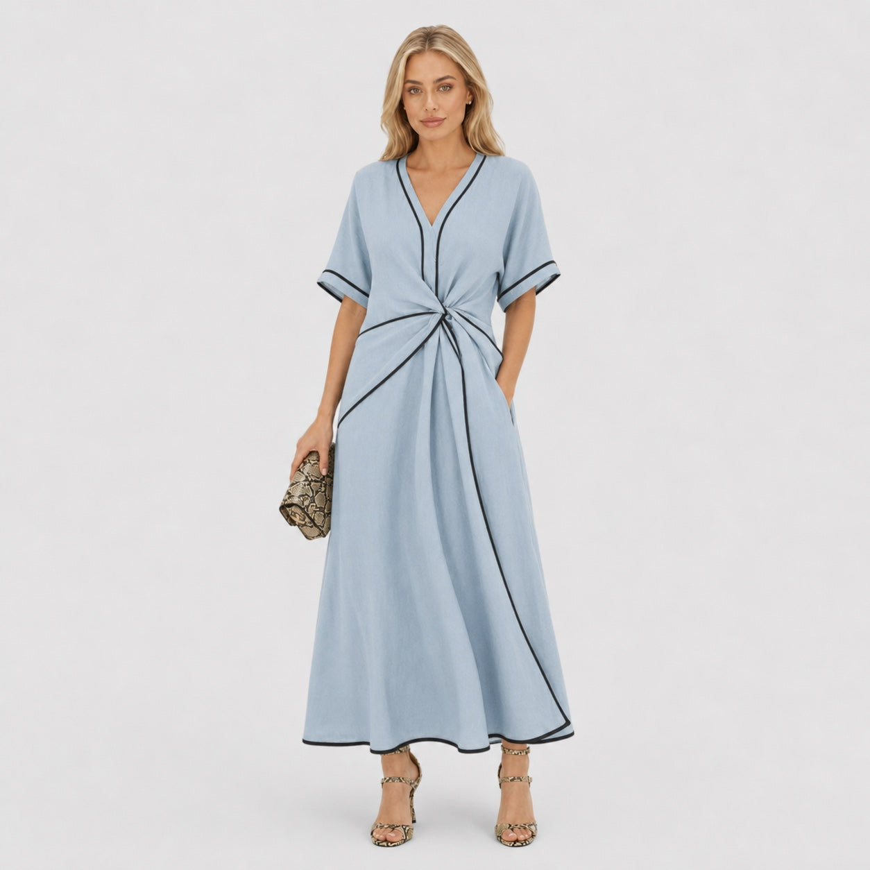 Women's Contrast-Piped Wrap Maxi Dress Short Sleeve Relaxed Fit - Blue