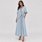 Women's Contrast-Piped Wrap Maxi Dress Short Sleeve Relaxed Fit - Blue