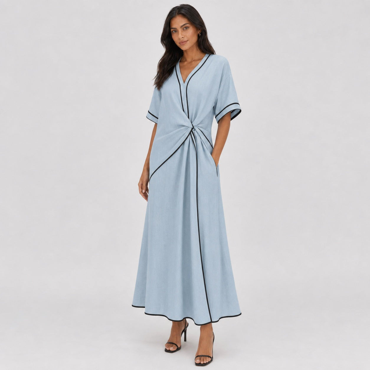 Women's Contrast-Piped Wrap Maxi Dress Short Sleeve Relaxed Fit - Blue