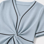 Women's Contrast-Piped Wrap Maxi Dress Short Sleeve Relaxed Fit - Blue