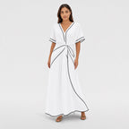 Women's Contrast-Piped Wrap Maxi Dress Short Sleeve Relaxed Fit - White
