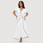 Women's Contrast-Piped Wrap Maxi Dress Short Sleeve Relaxed Fit - White