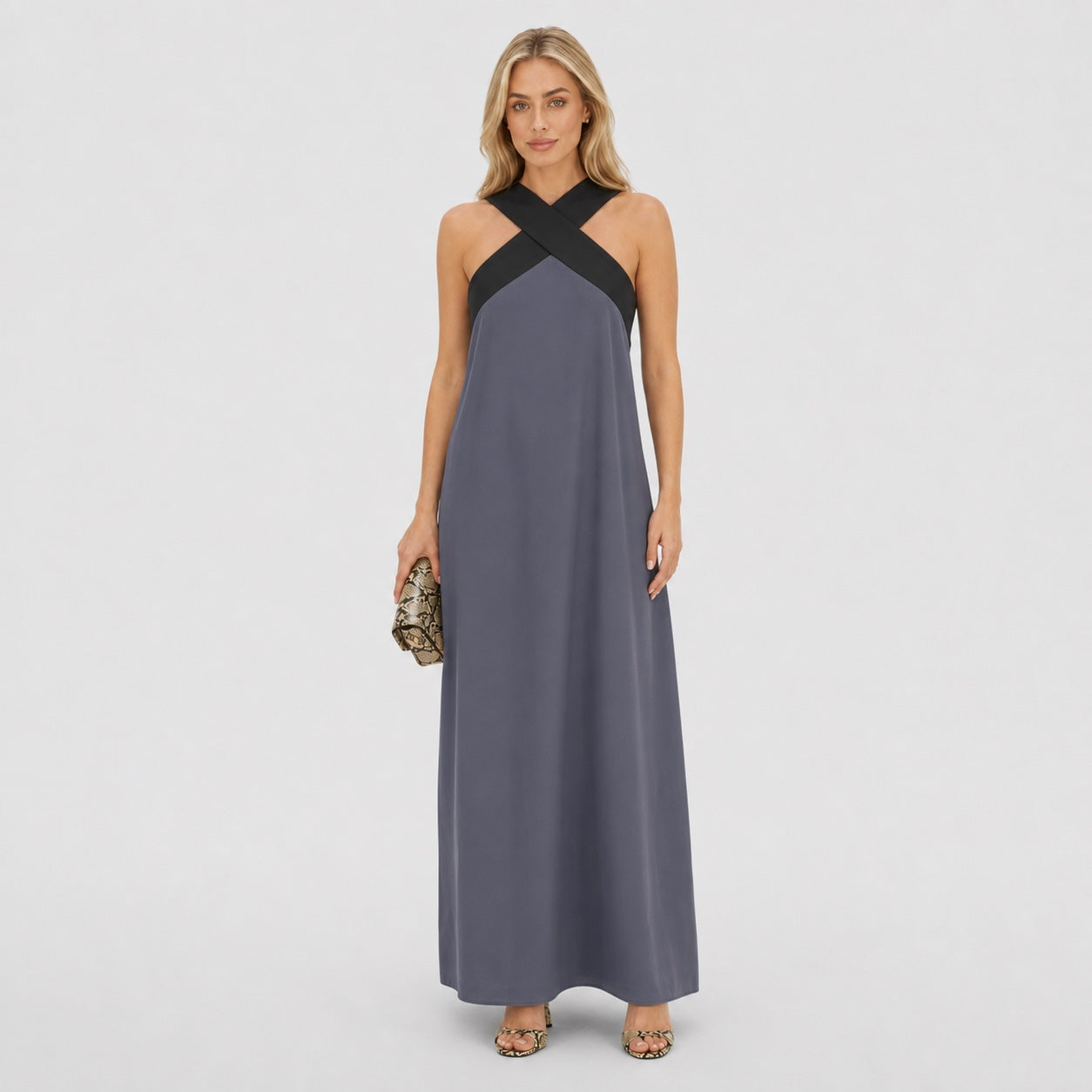 Women's Colour-Block Cross-Neck Maxi Dress Sleeveless Relaxed Fit - Grey