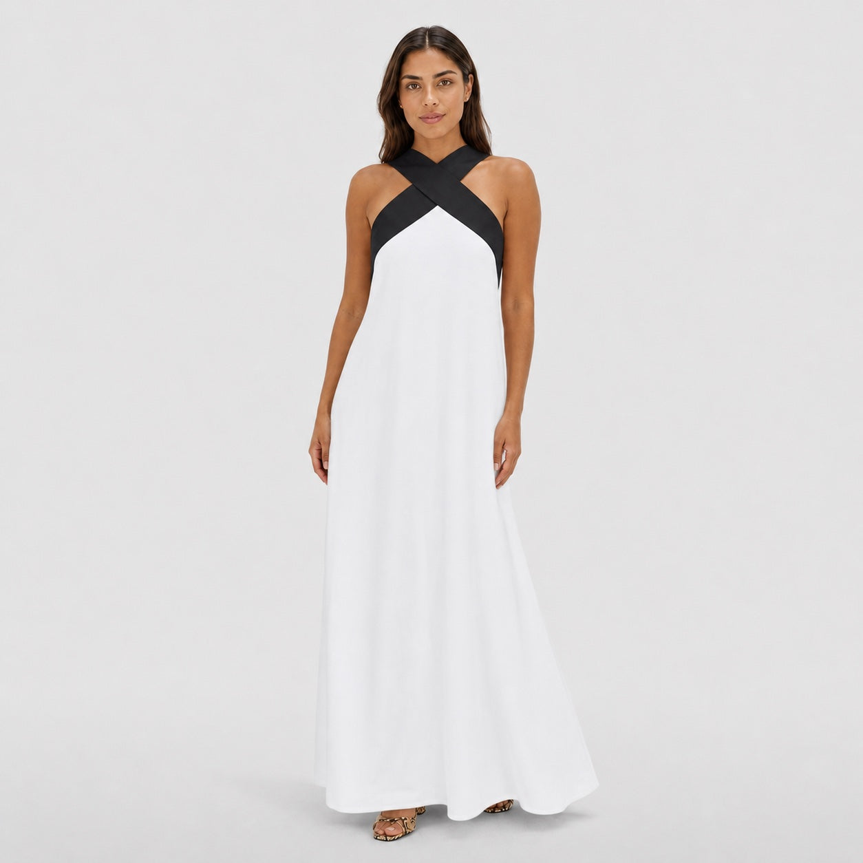 Women's Colour-Block Cross-Neck Maxi Dress Sleeveless Relaxed Fit - White