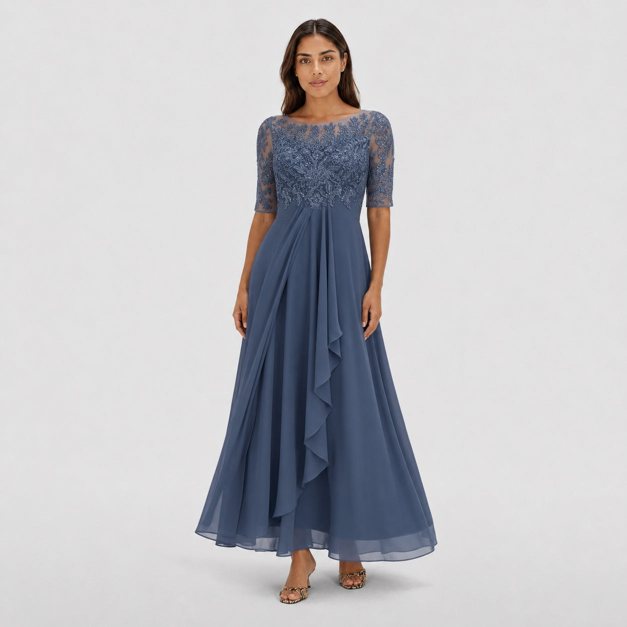 Women's Embroidered Lace Chiffon Midi Dress Half Sleeve Regular Fit - Blue