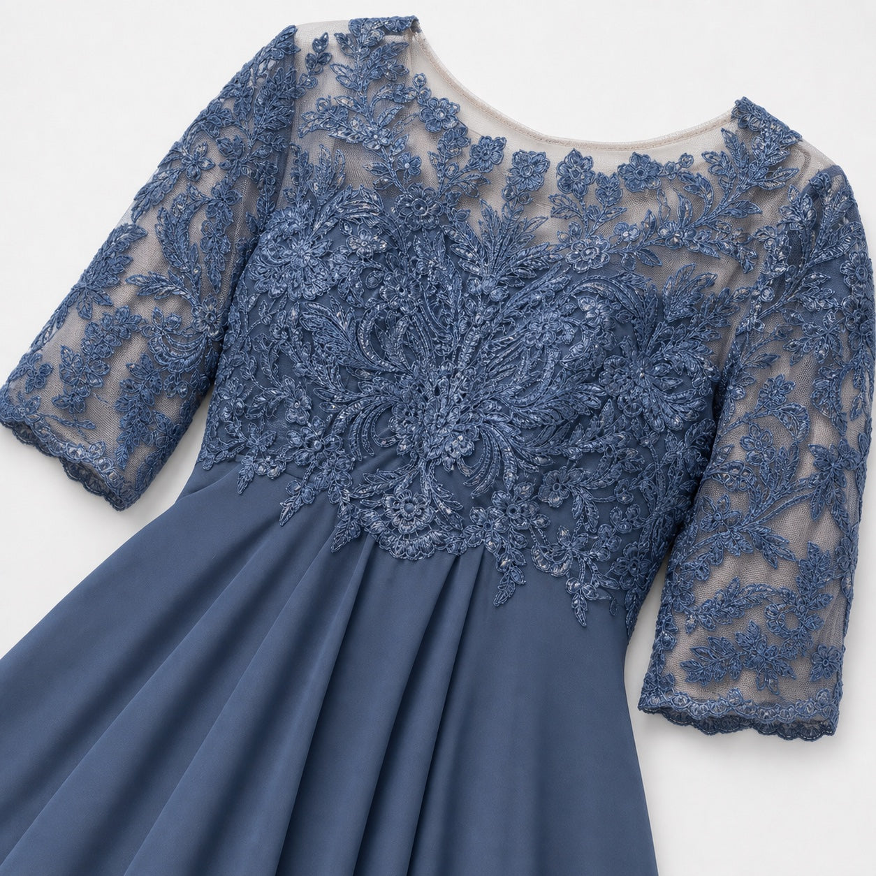 Women's Embroidered Lace Chiffon Midi Dress Half Sleeve Regular Fit - Blue