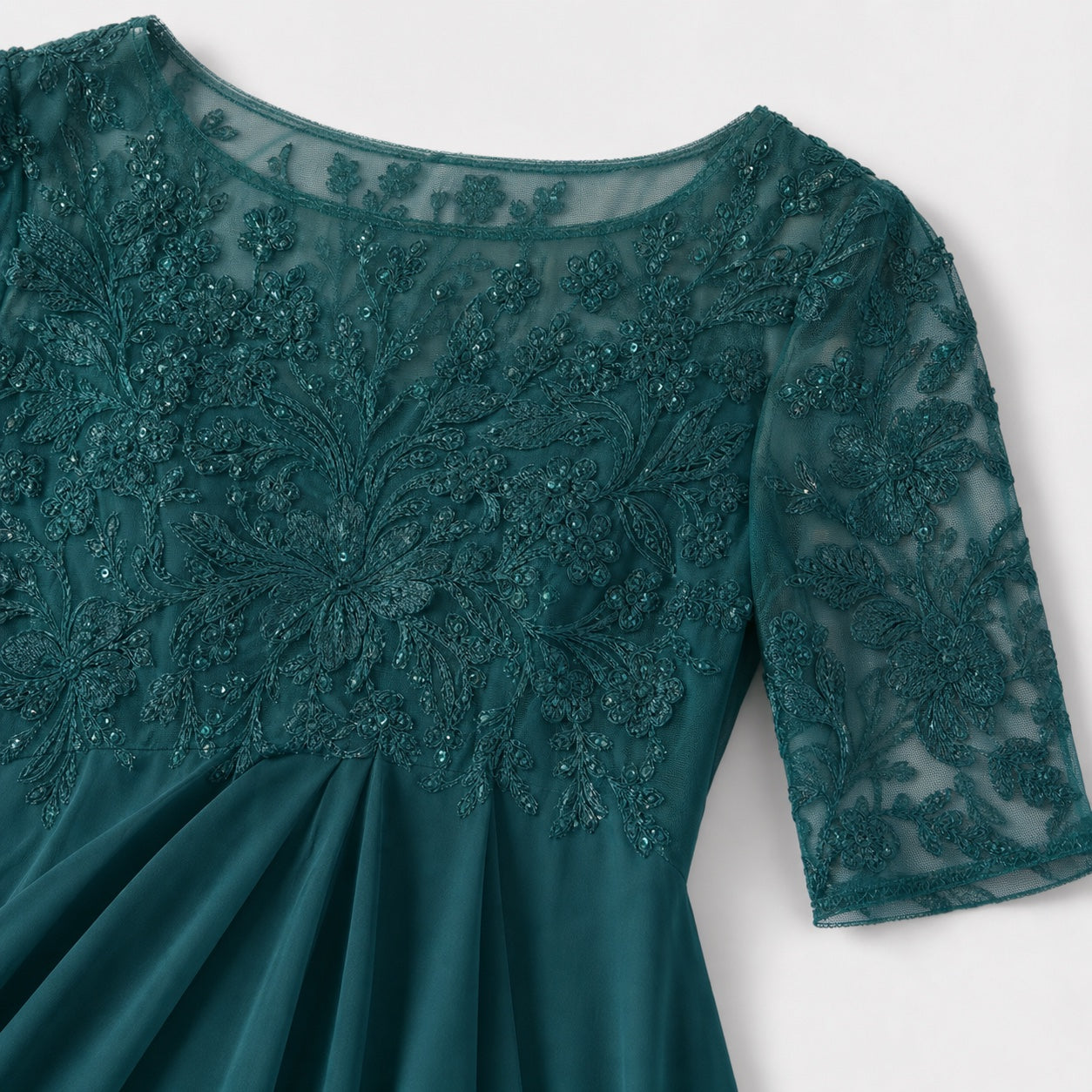 Women's Embroidered Lace Chiffon Midi Dress Half Sleeve Regular Fit - Dark Green