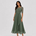 Women's Embroidered Lace Chiffon Midi Dress Half Sleeve Regular Fit - Green