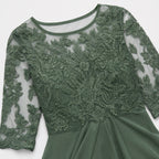 Women's Embroidered Lace Chiffon Midi Dress Half Sleeve Regular Fit - Green