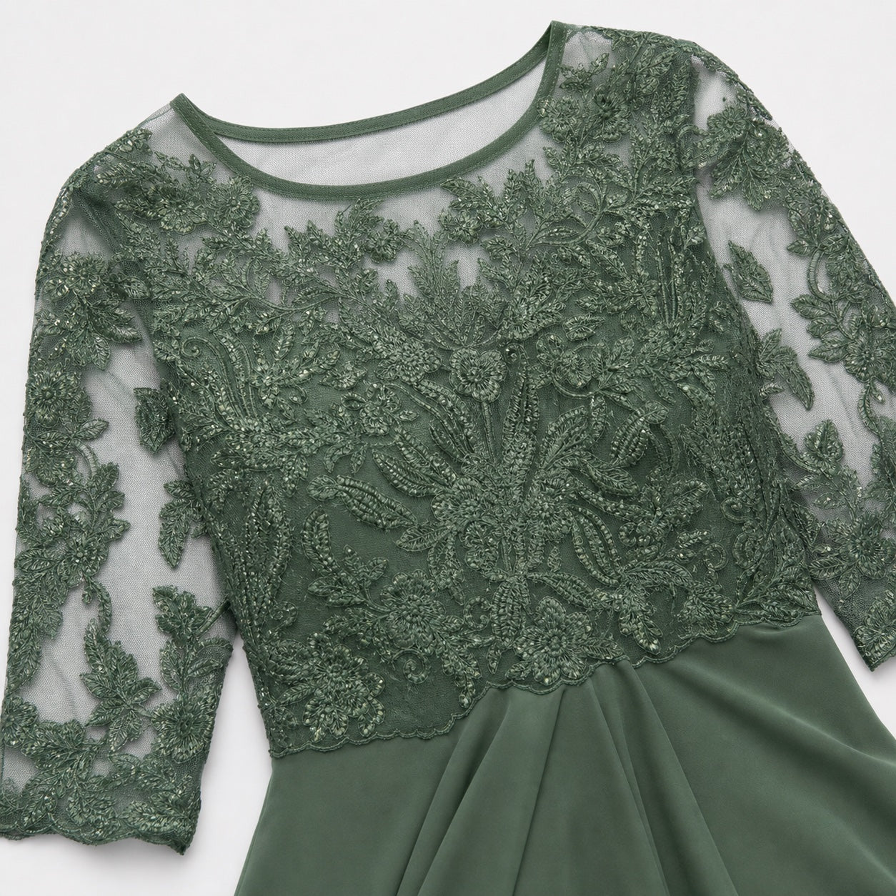 Women's Embroidered Lace Chiffon Midi Dress Half Sleeve Regular Fit - Green
