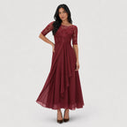 Women's Embroidered Lace Chiffon Midi Dress Half Sleeve Regular Fit - Red