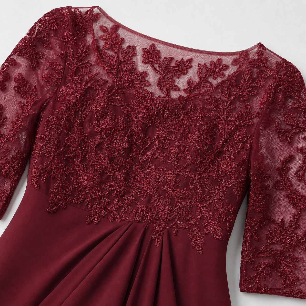 Women's Embroidered Lace Chiffon Midi Dress Half Sleeve Regular Fit - Red
