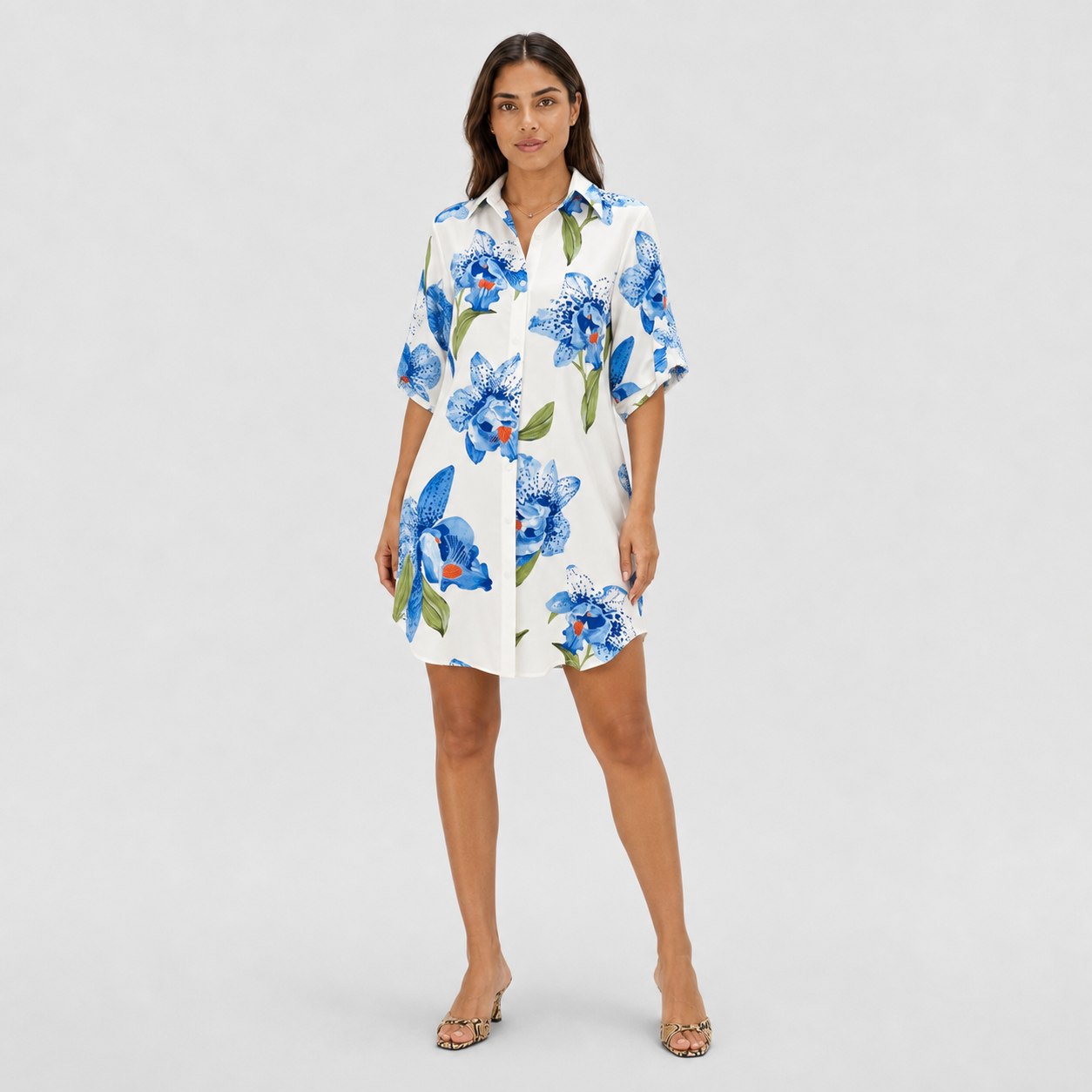 Women's Floral Print Shirt Dress Roll-Up Sleeve Relaxed Fit