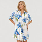 Women's Floral Print Shirt Dress Roll-Up Sleeve Relaxed Fit