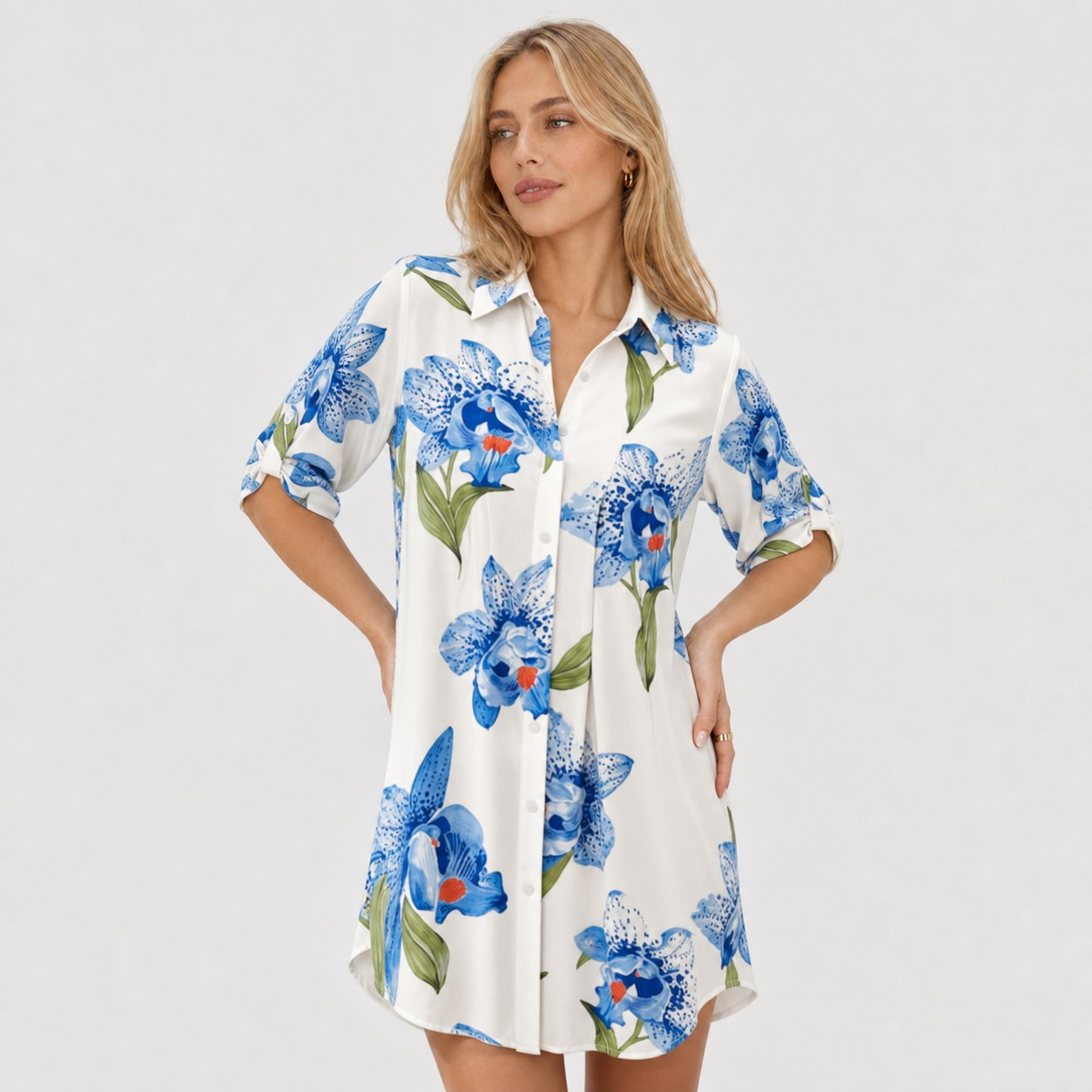 Women's Floral Print Shirt Dress Roll-Up Sleeve Relaxed Fit