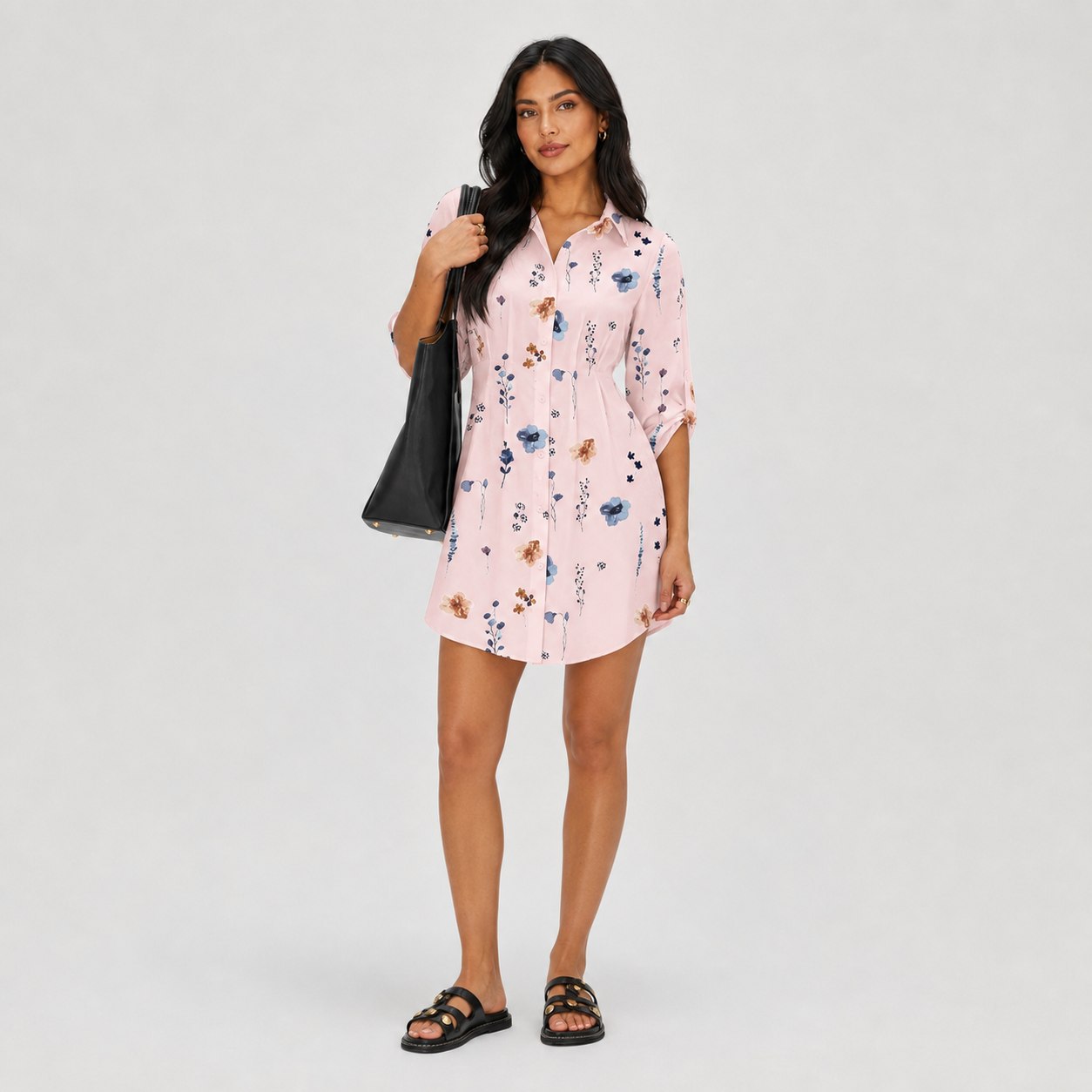 Women's Floral Print Shirt Dress Roll-Up Sleeve Relaxed Fit