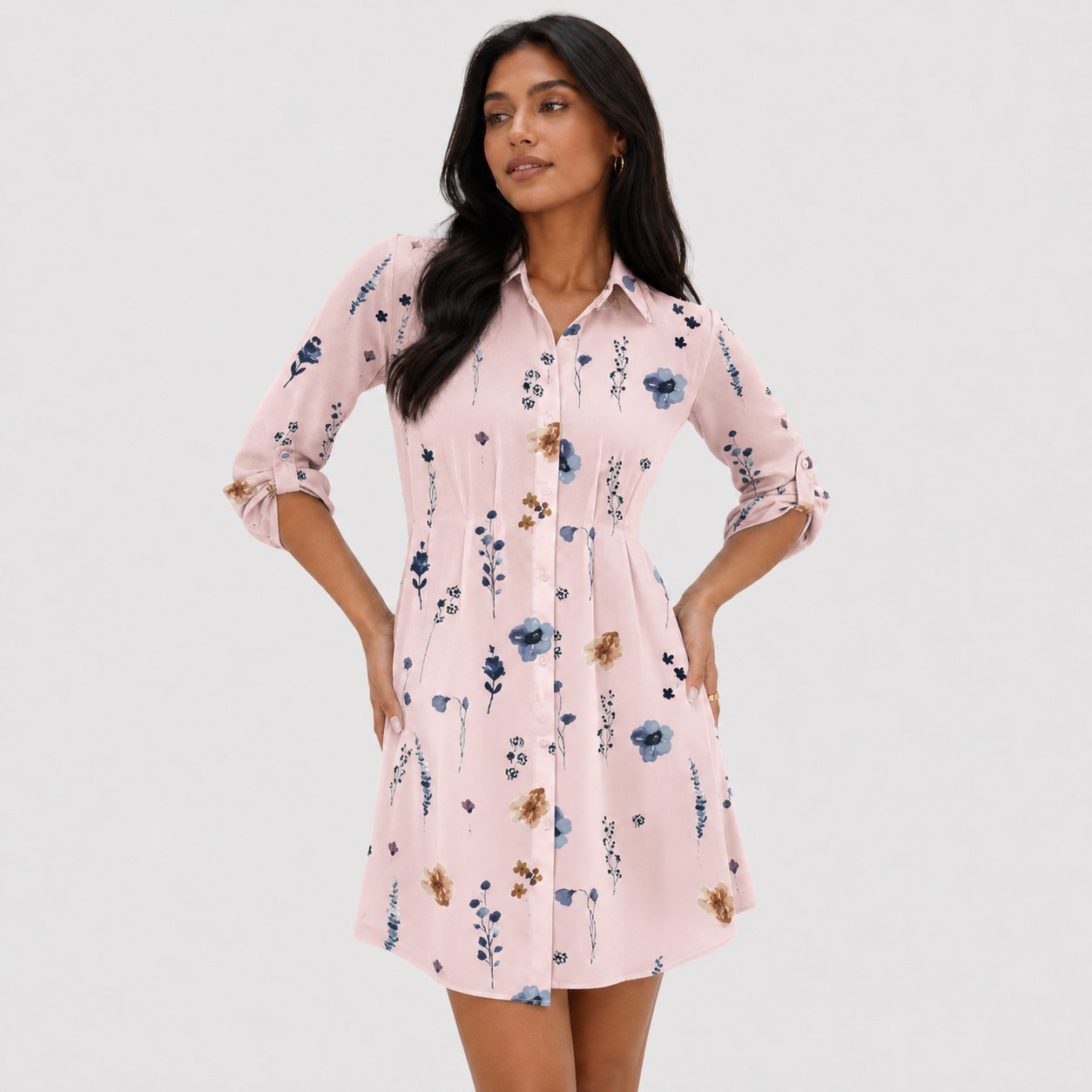 Women's Floral Print Shirt Dress Roll-Up Sleeve Relaxed Fit