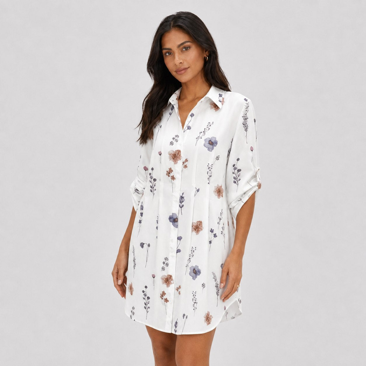 Women's Floral Print Shirt Dress Roll-Up Sleeve Relaxed Fit
