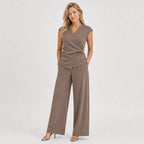 Women's Wrap Top and Wide-Leg Trouser Set Ruched Detail