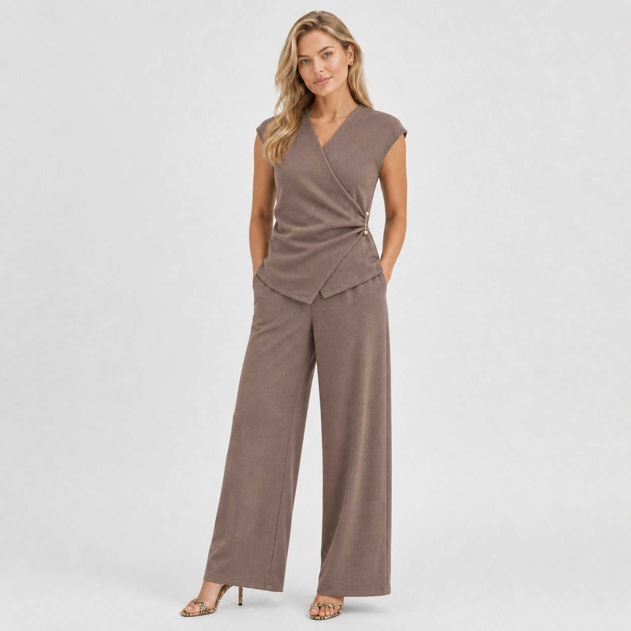 Women's Wrap Top and Wide-Leg Trouser Set Ruched Detail