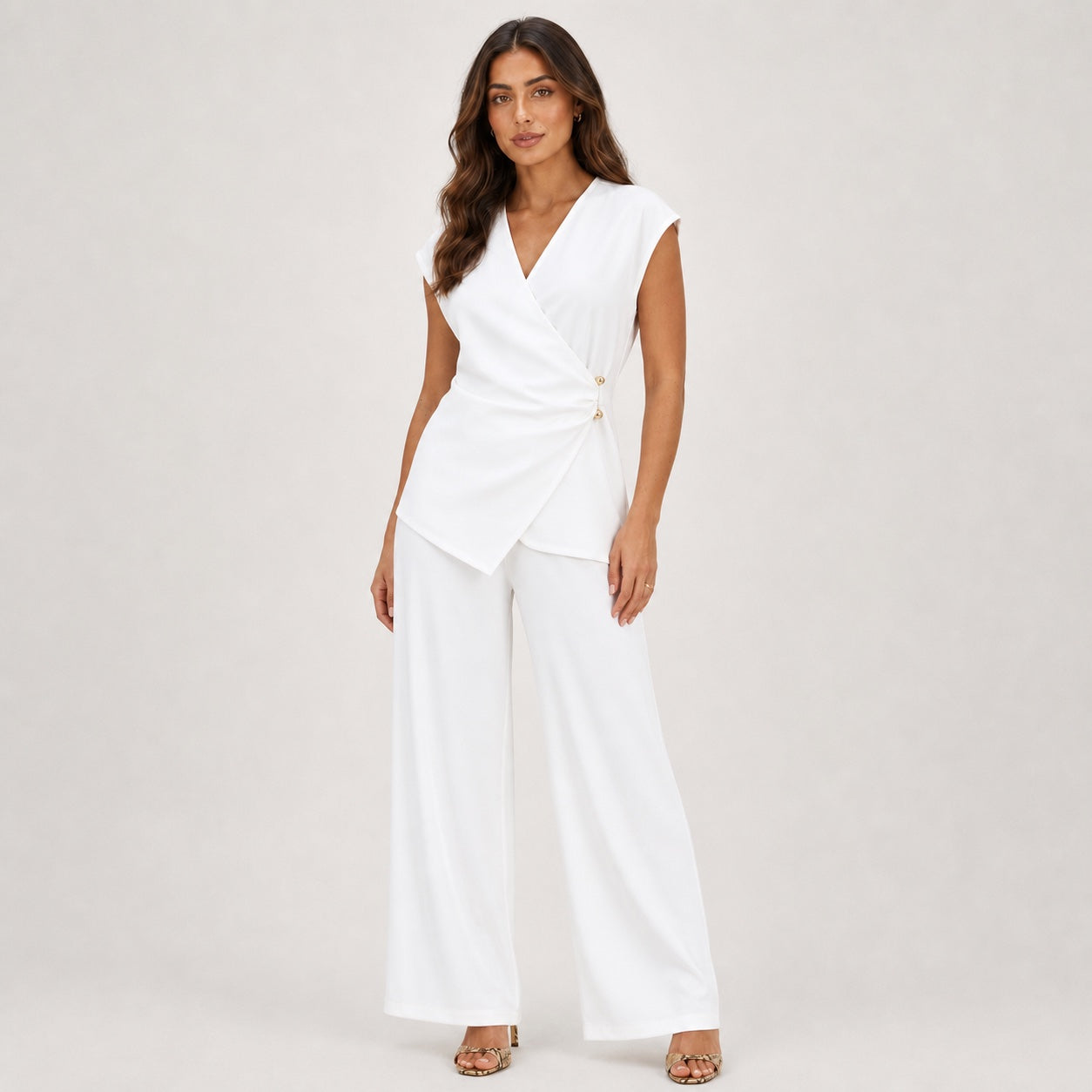 Women's Wrap Top and Wide-Leg Trouser Set Ruched Detail