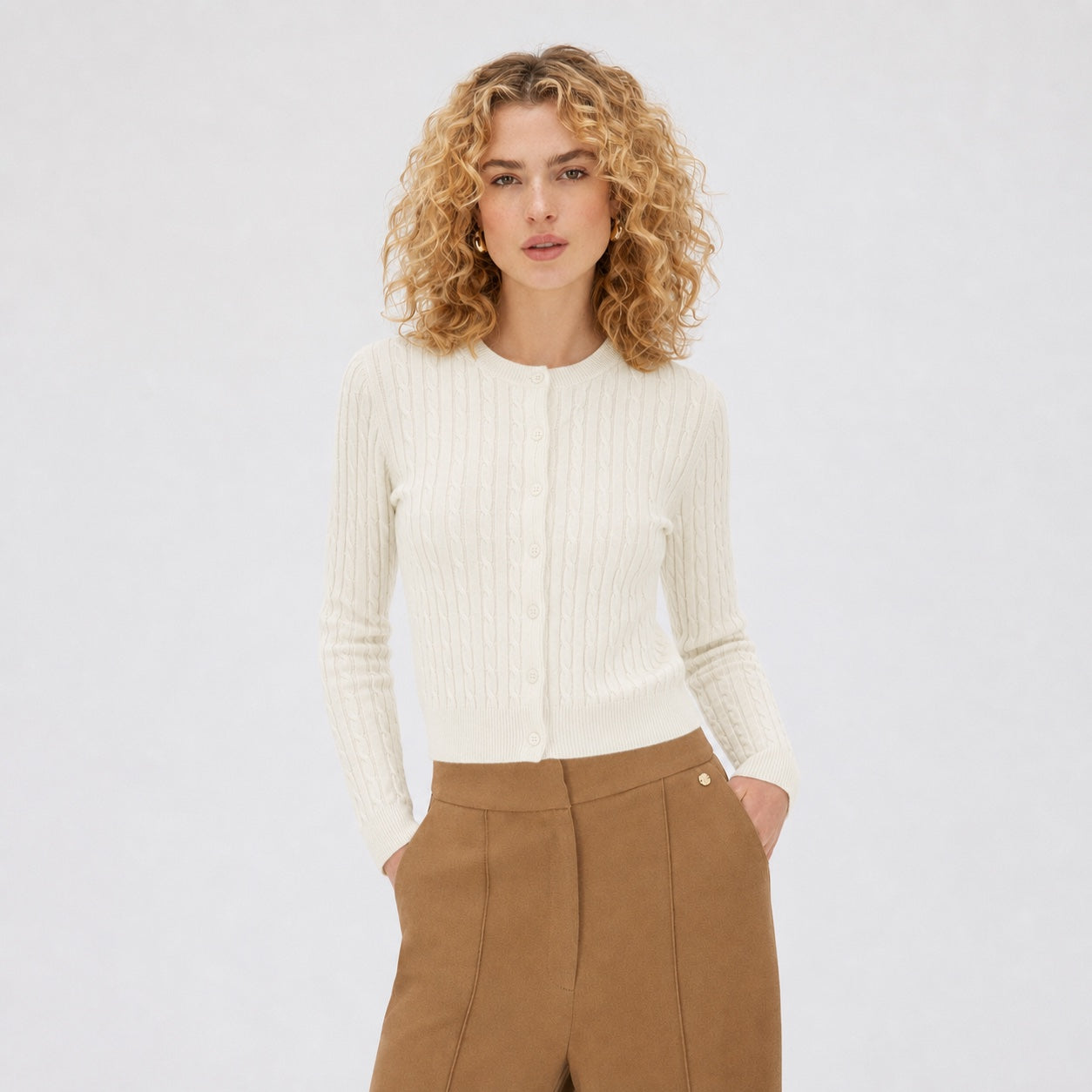Women's Cable-Knit Button Cardigan Long Sleeve Slim Fit