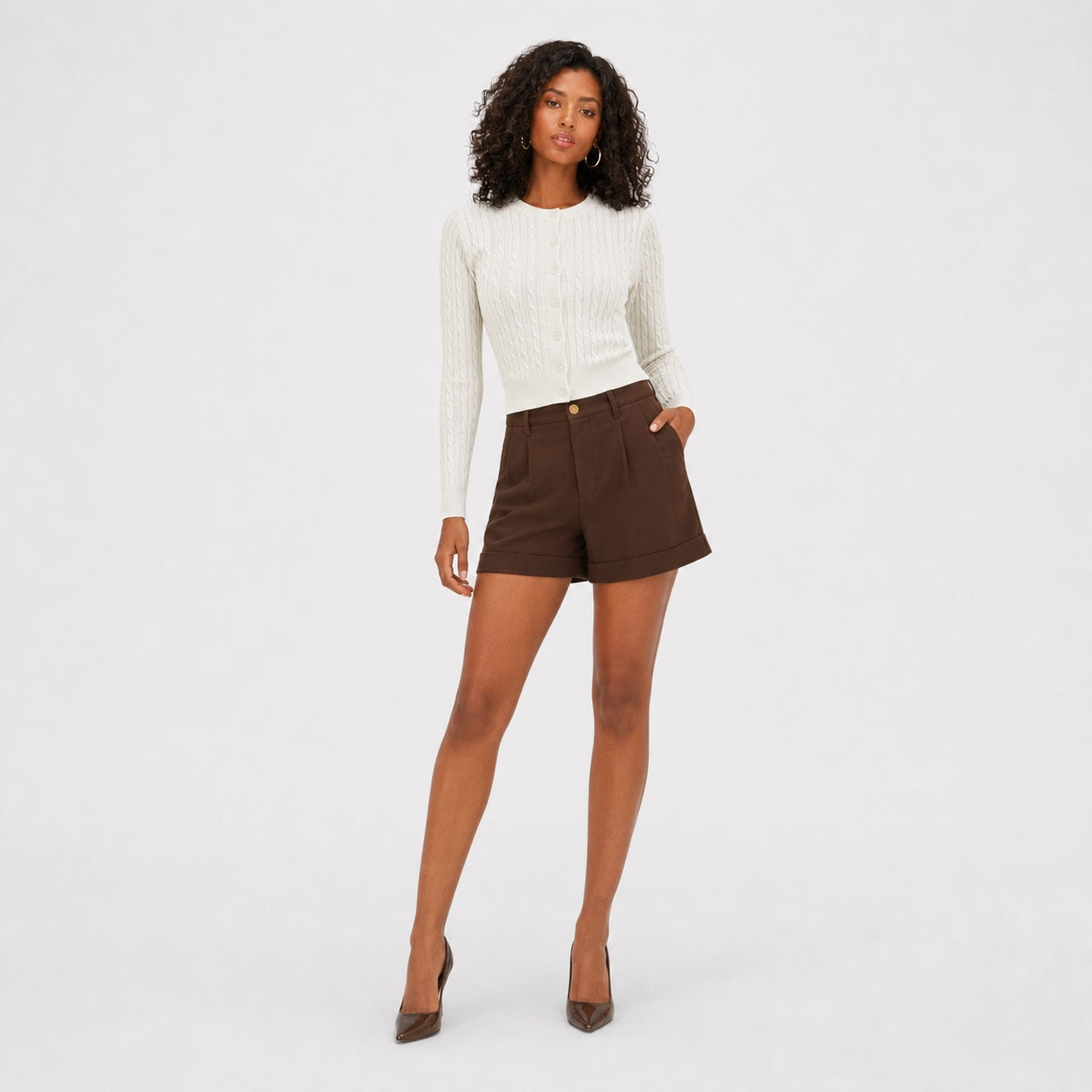 Women's Cable-Knit Button Cardigan Long Sleeve Slim Fit
