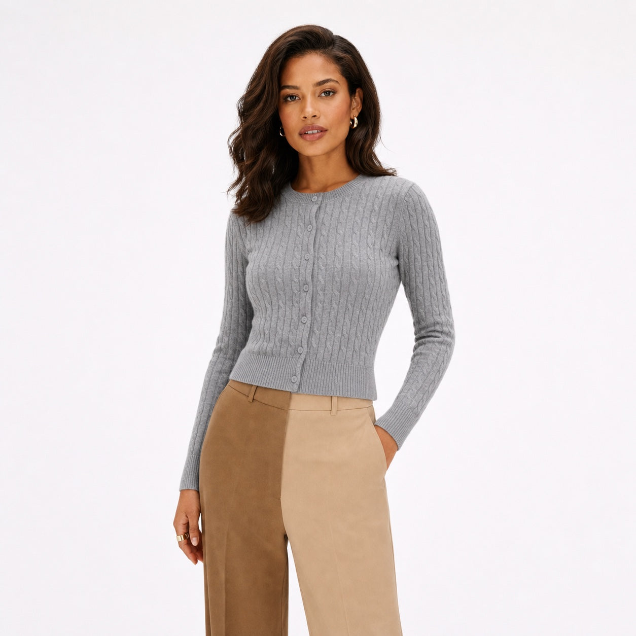Women's Cable-Knit Button Cardigan Long Sleeve Slim Fit