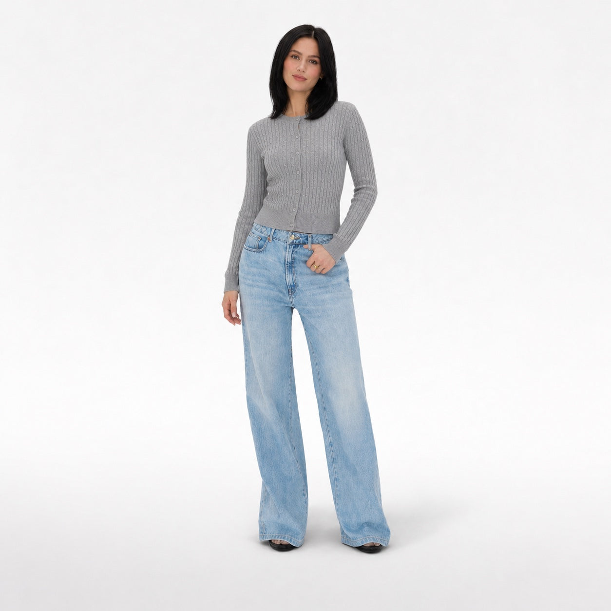 Women's Cable-Knit Button Cardigan Long Sleeve Slim Fit