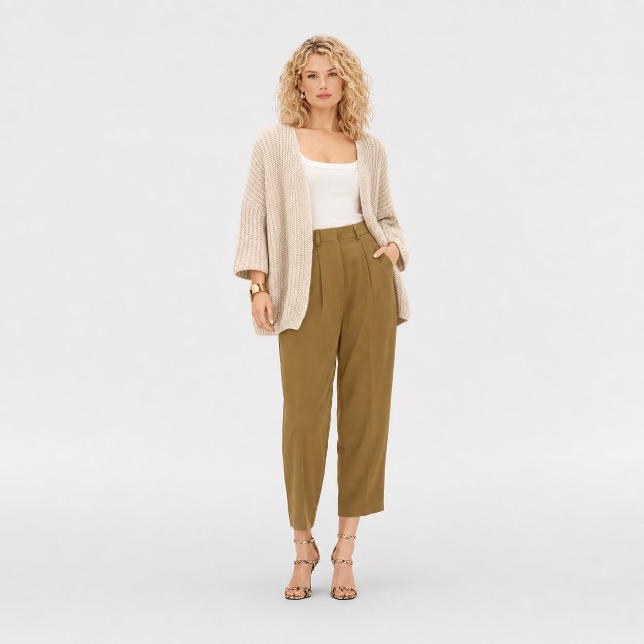 Women's Knit Open-Front Cardigan Three-Quarter Sleeve Relaxed Fit