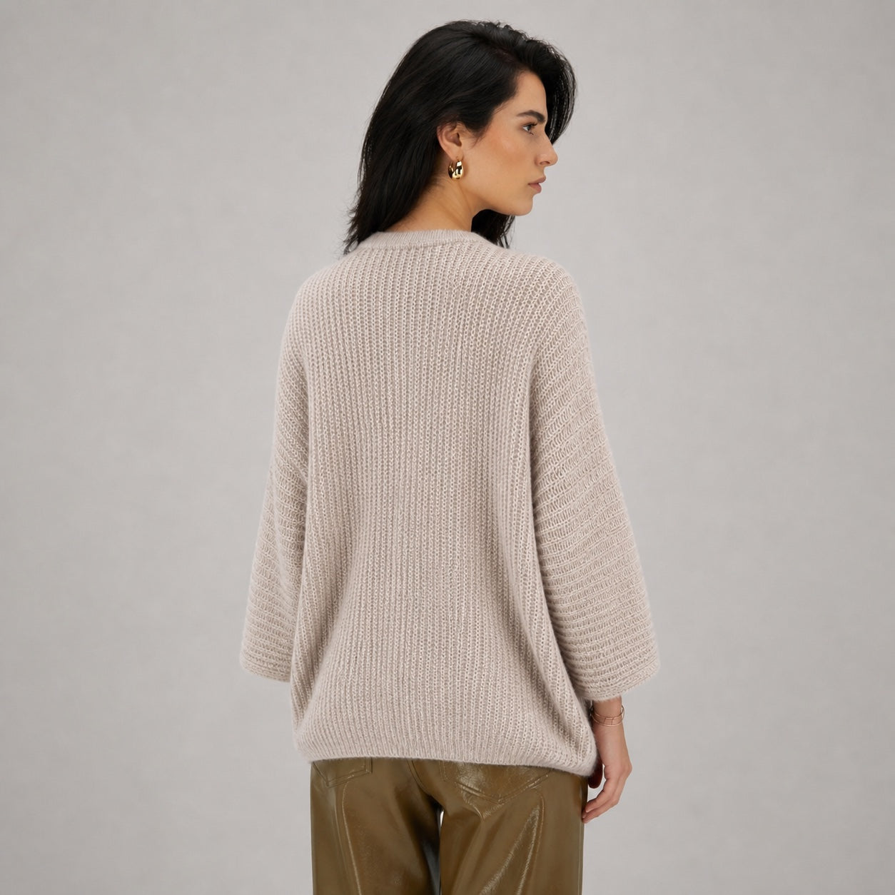 Women's Knit Open-Front Cardigan Three-Quarter Sleeve Relaxed Fit