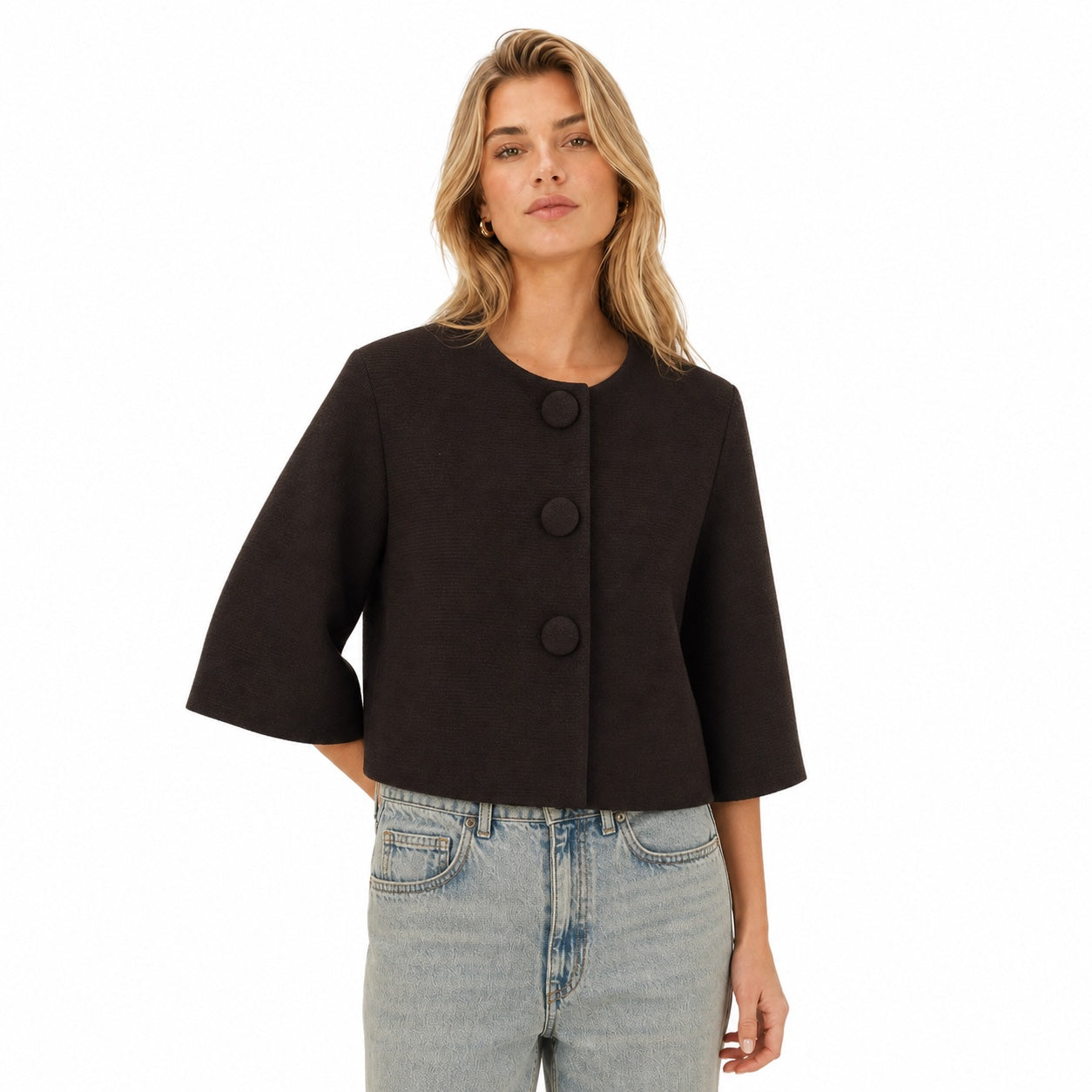 Women's Fine-Knit Jacket Bell Sleeve Relaxed Fit
