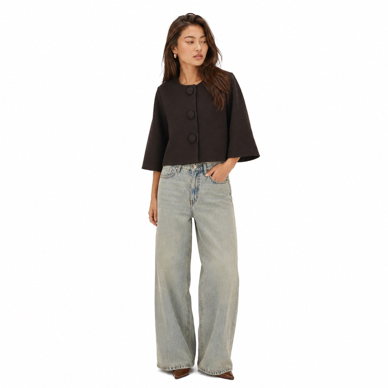 Women's Fine-Knit Jacket Bell Sleeve Relaxed Fit